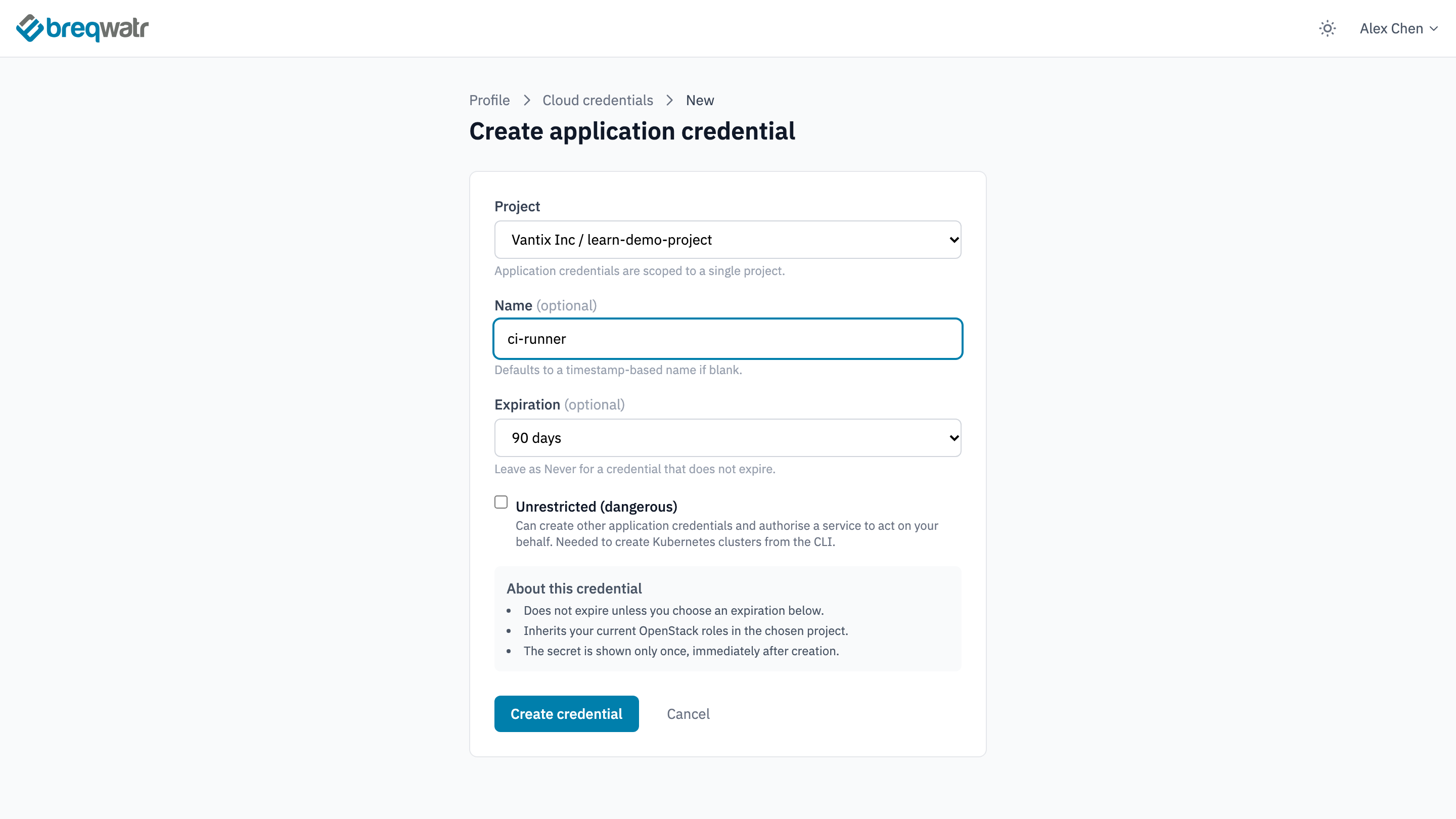 The Create application credential form with Vantix Inc / learn-demo-project as the project, ci-runner as the name, Expiration set to 90 days and Unrestricted (dangerous) unticked