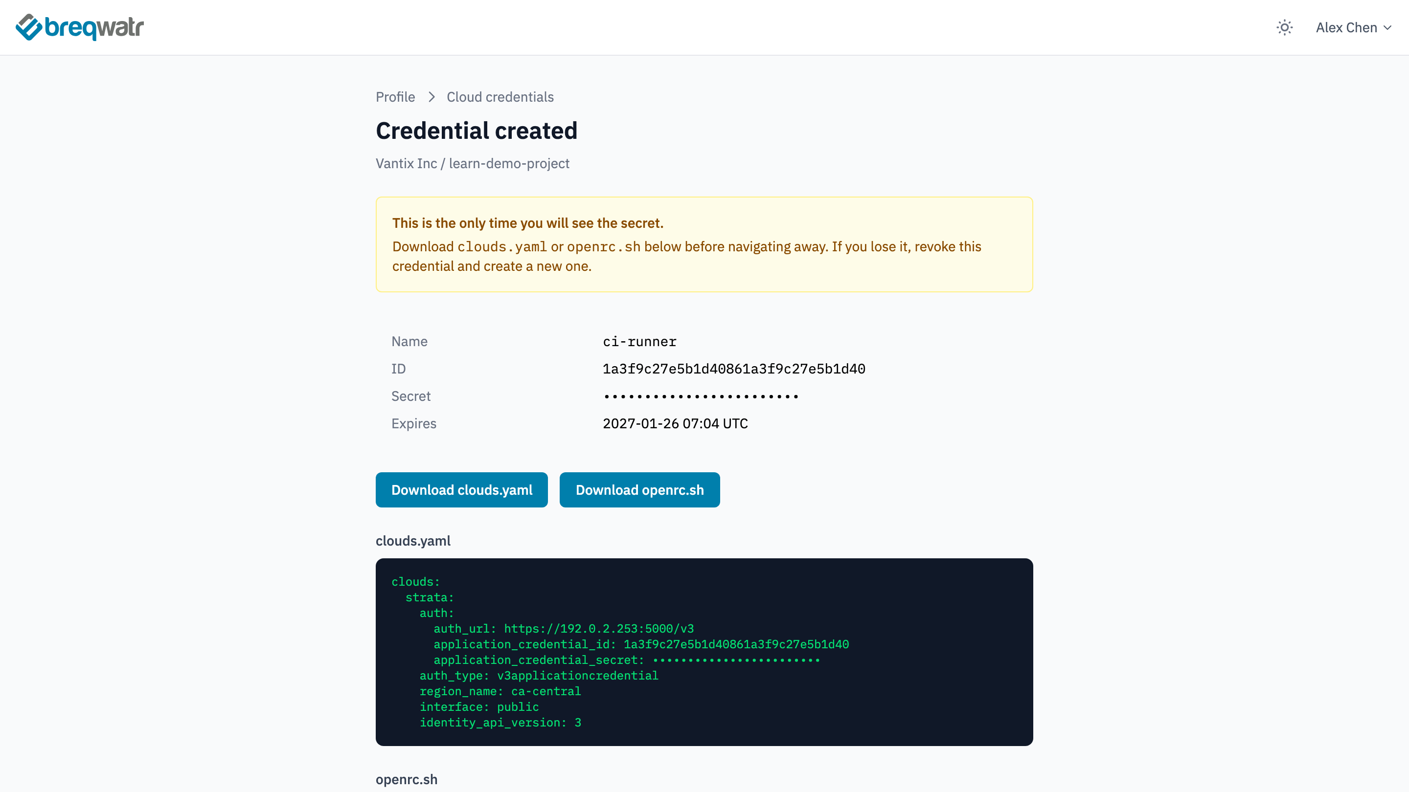 The Credential created page for ci-runner, with a warning that the secret is shown only once, the credential's name, ID, masked secret and expiry, Download clouds.yaml and Download openrc.sh buttons, and the clouds.yaml file shown below them