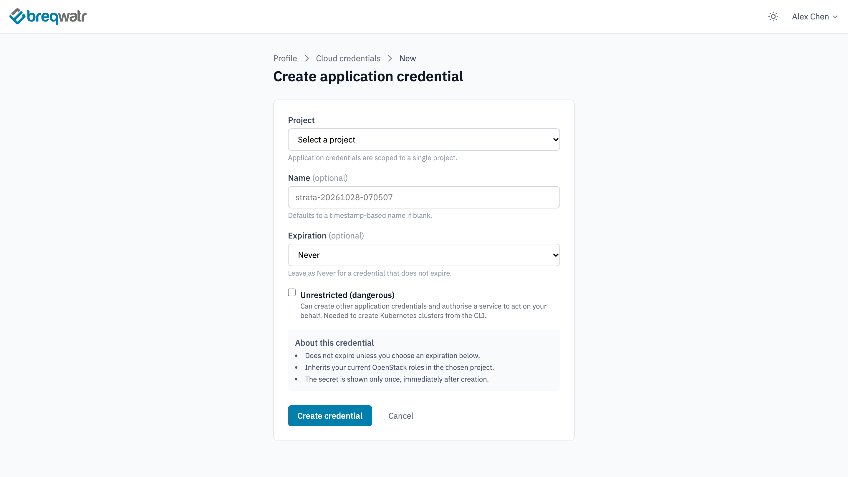 The Create application credential form, with a project list, an optional name, Expiration set to Never, and Unrestricted (dangerous) unticked