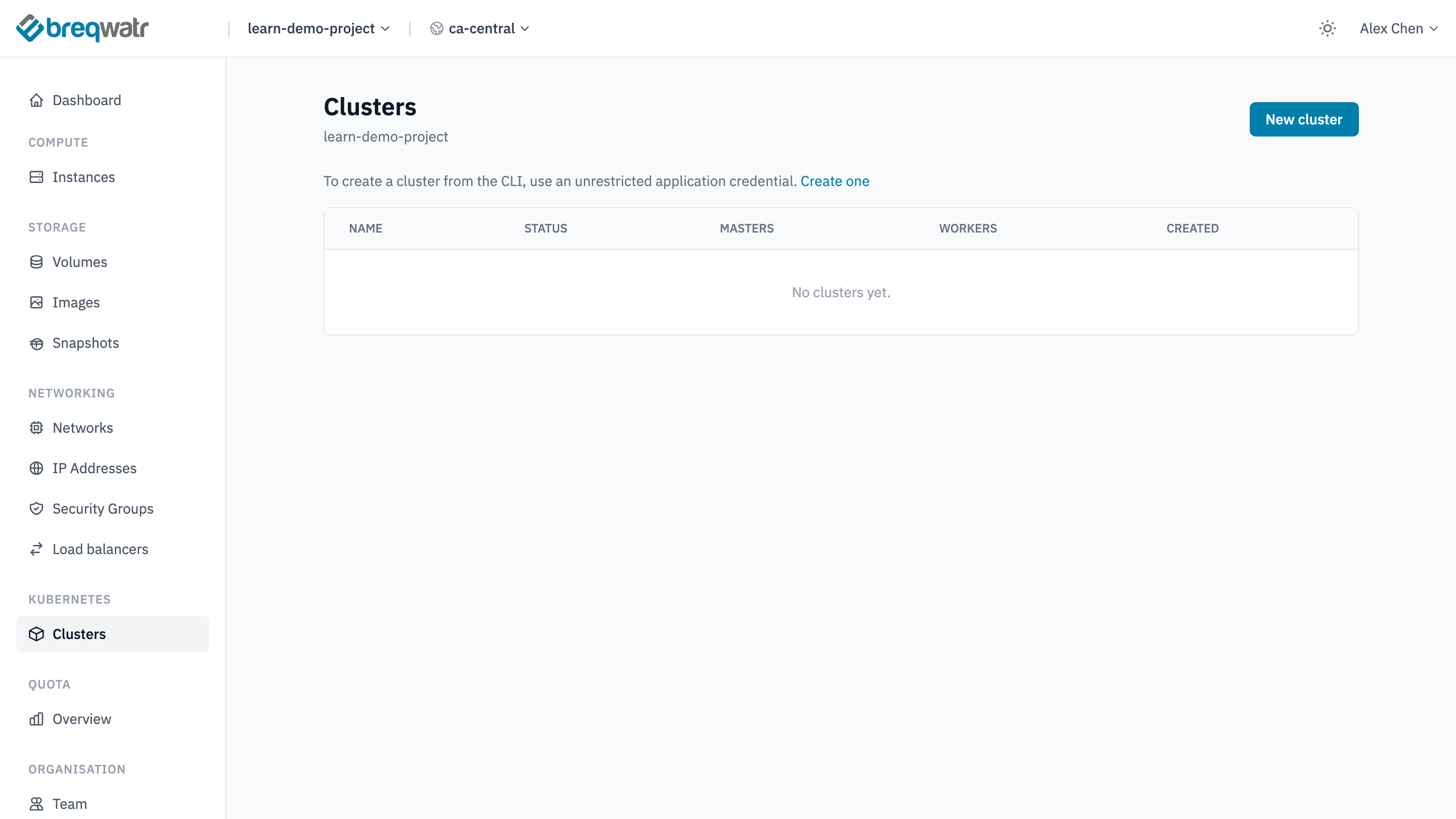 The Clusters page under Kubernetes, with no clusters yet, a New cluster button and a note that creating a cluster from the CLI needs an unrestricted application credential