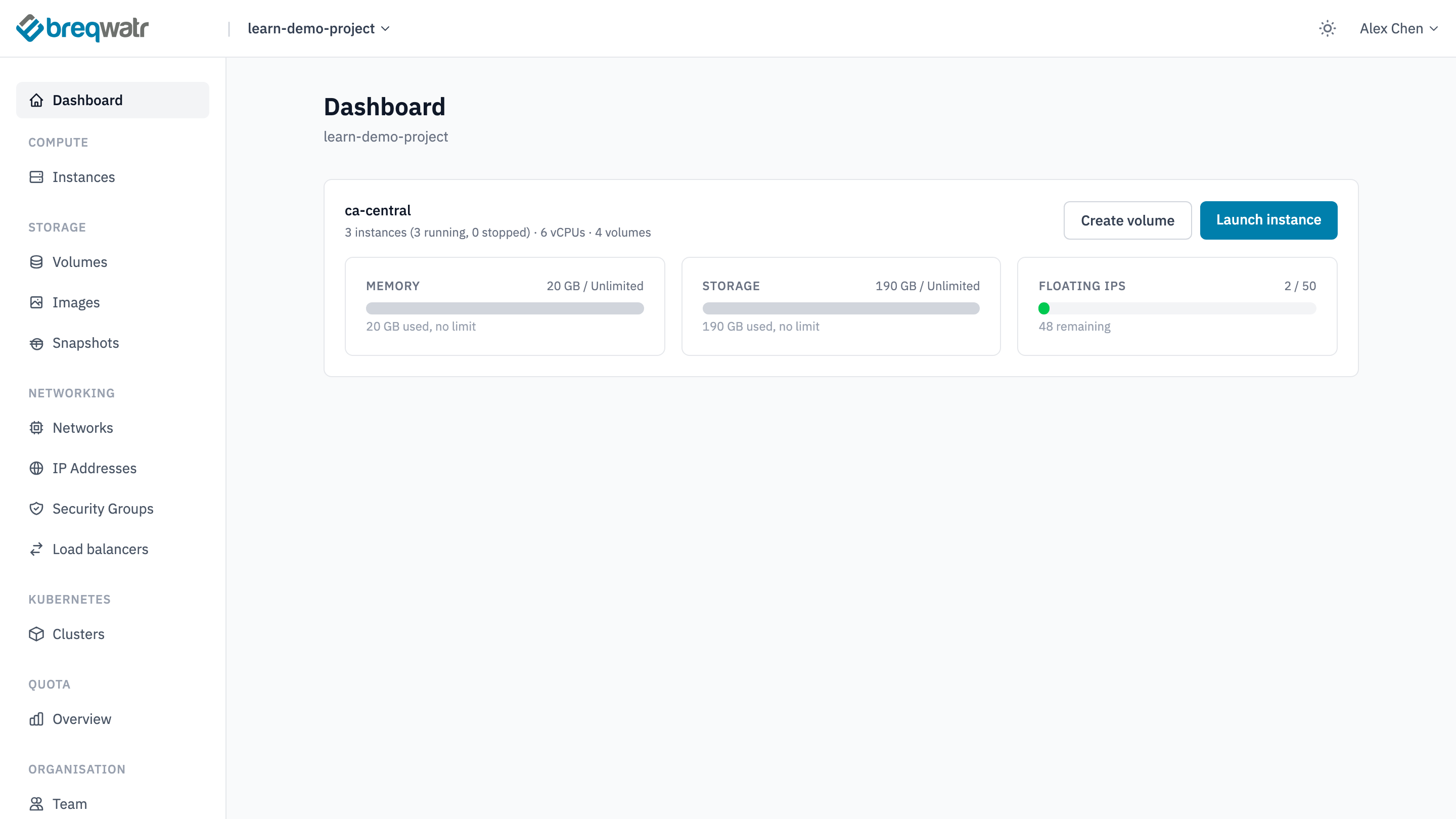 The dashboard for learn-demo-project, with the sidebar on the left, the project switcher in the top bar, and a ca-central card showing instance, vCPU and volume counts, memory, storage and floating IP use, and the Create volume and Launch instance buttons