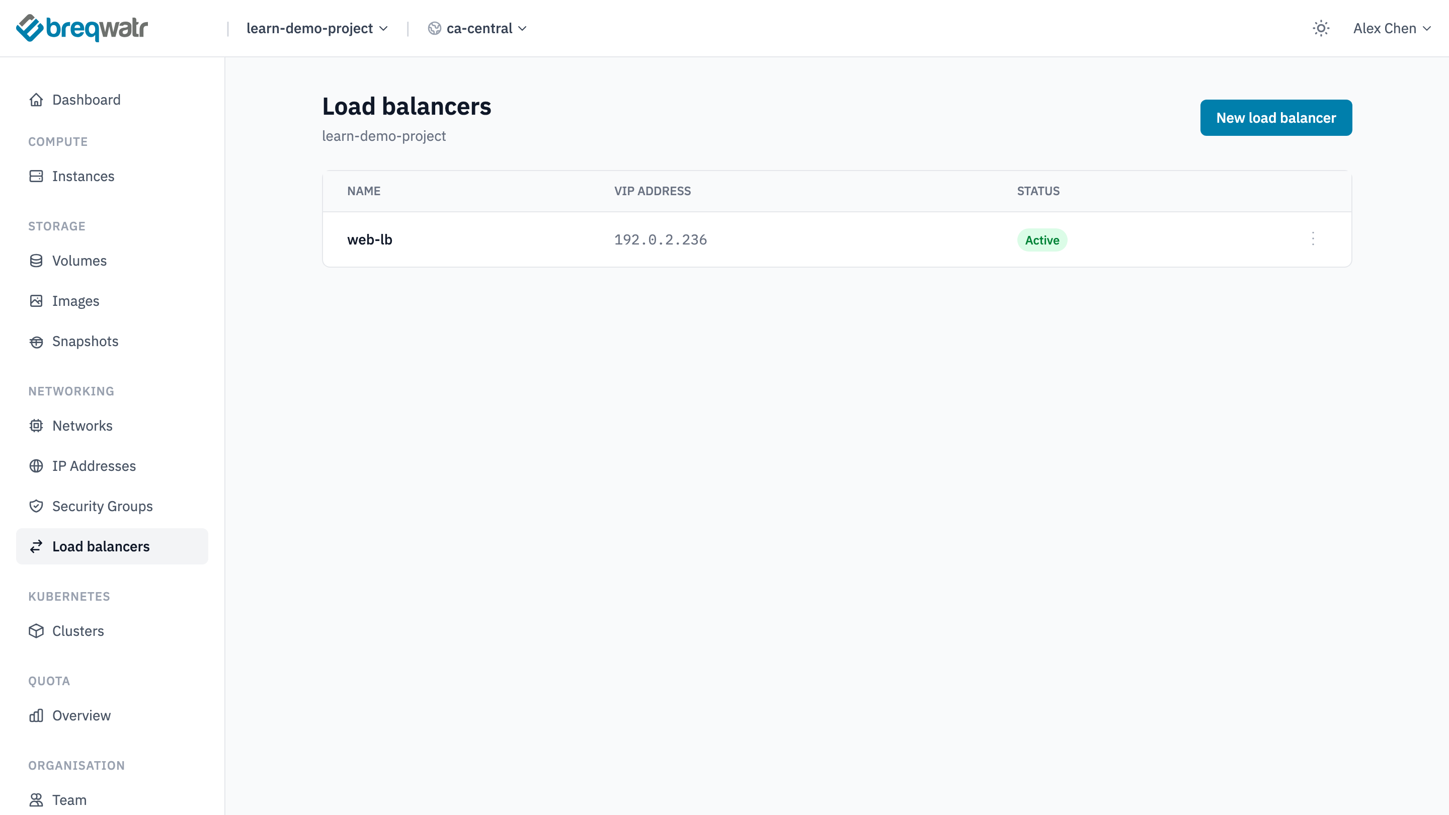 The Load balancers page listing web-lb with its VIP address and an Active status, and a New load balancer button