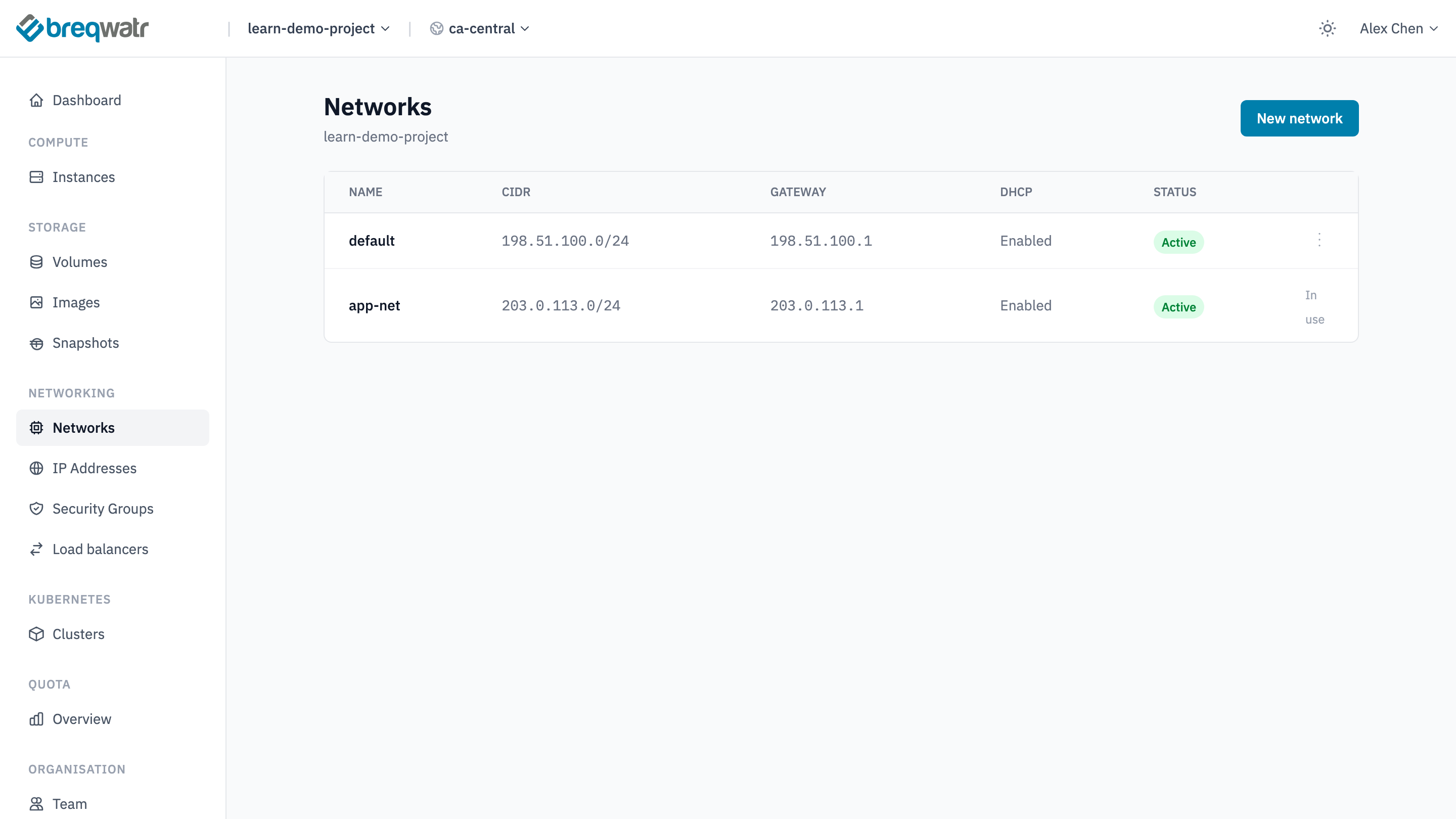 The Networks page listing two networks, default and app-net, each with its address range, gateway, DHCP enabled and an Active status, and a New network button