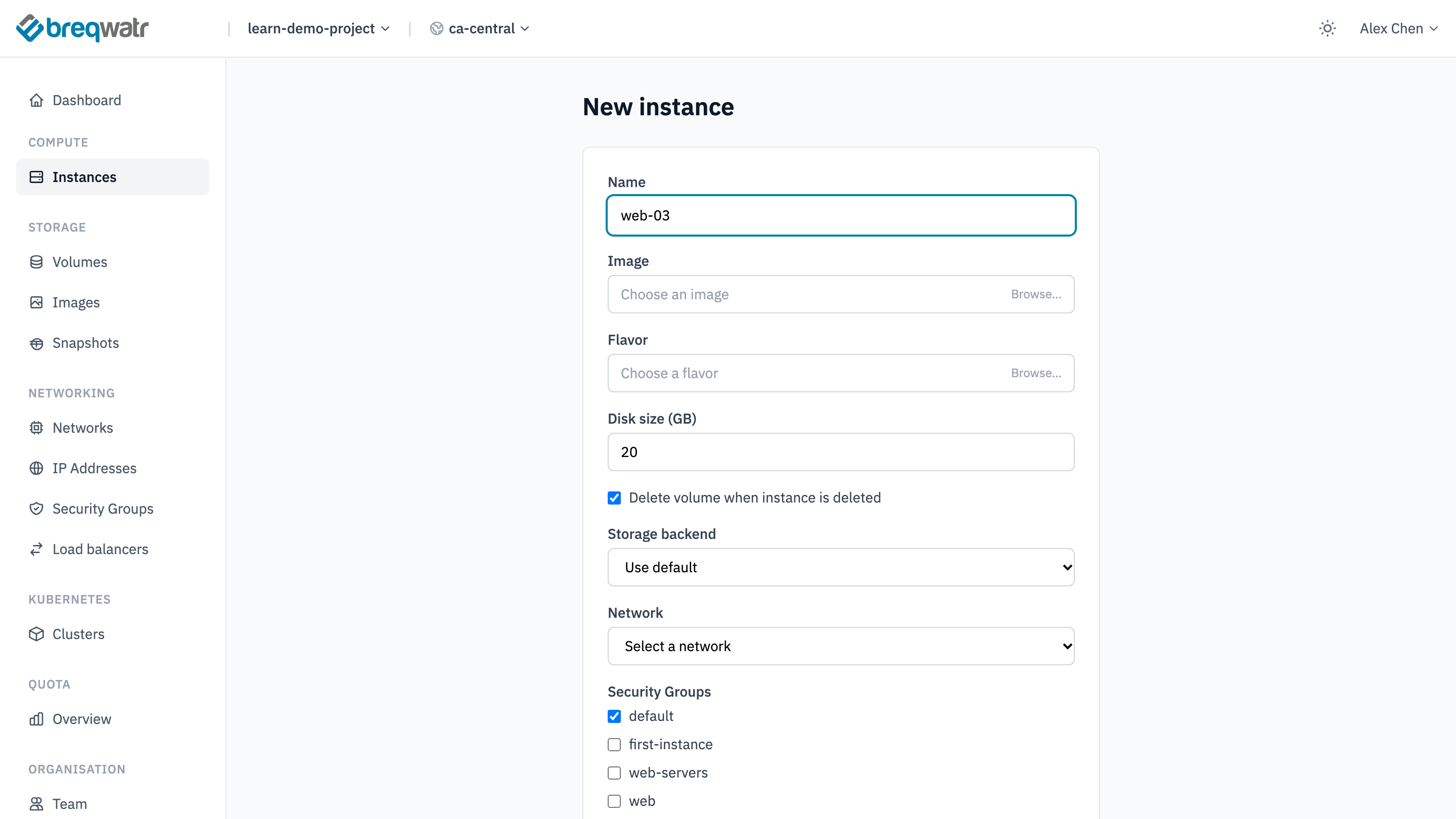 The New instance form, with web-03 as the name, Browse buttons for the image and flavour, a disk size of 20 GB, Delete volume when instance is deleted ticked, Storage backend on Use default, a network list, security group checkboxes and a user data box