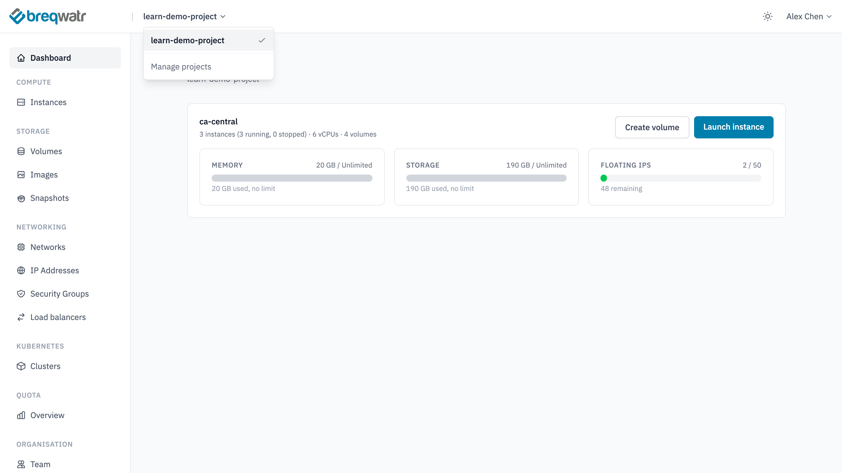 The project switcher open in the top bar, listing learn-demo-project with a tick beside it and a Manage projects link