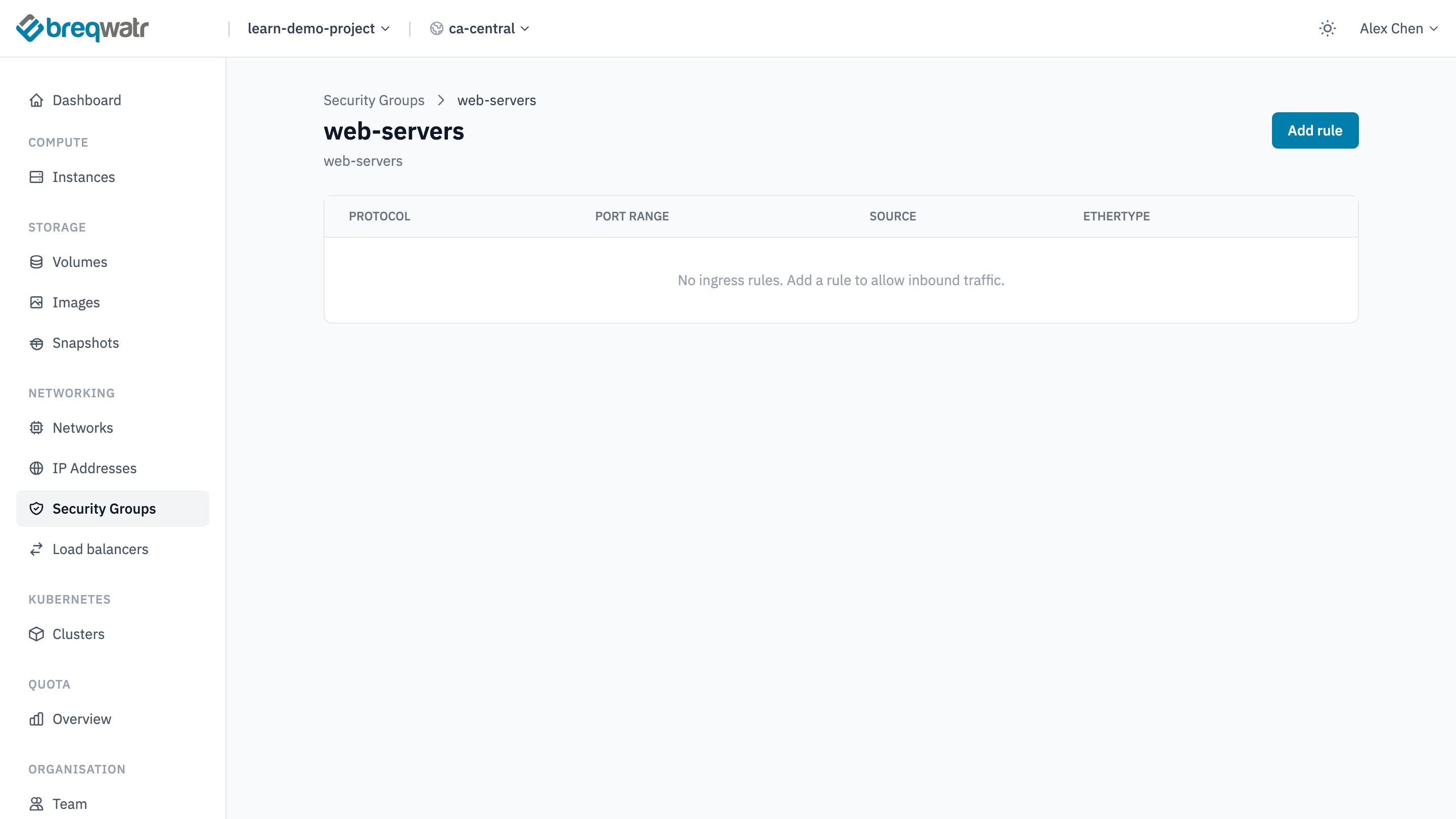 The web security group's page, with ingress rules for TCP 80 and 443 from anywhere and TCP 22 from 203.0.113.0/24