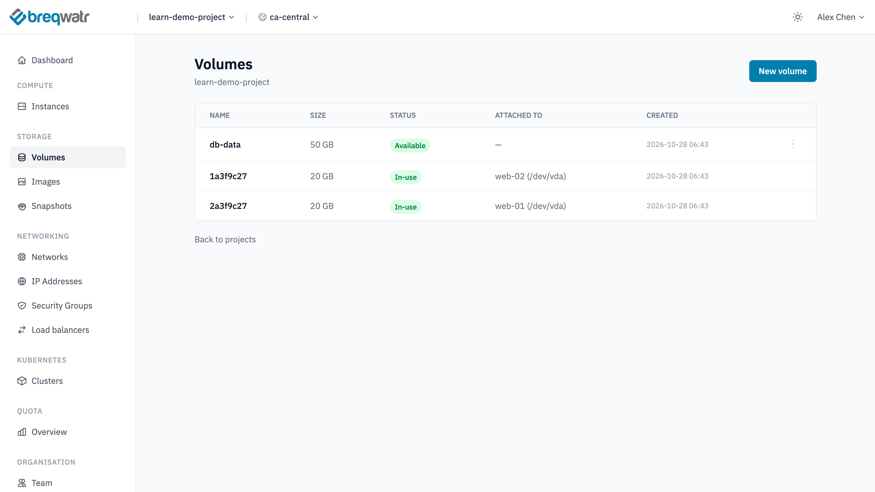 The Volumes page listing an available 50 GB volume named db-data and two 20 GB boot volumes in use by web-01 and web-02, with a New volume button