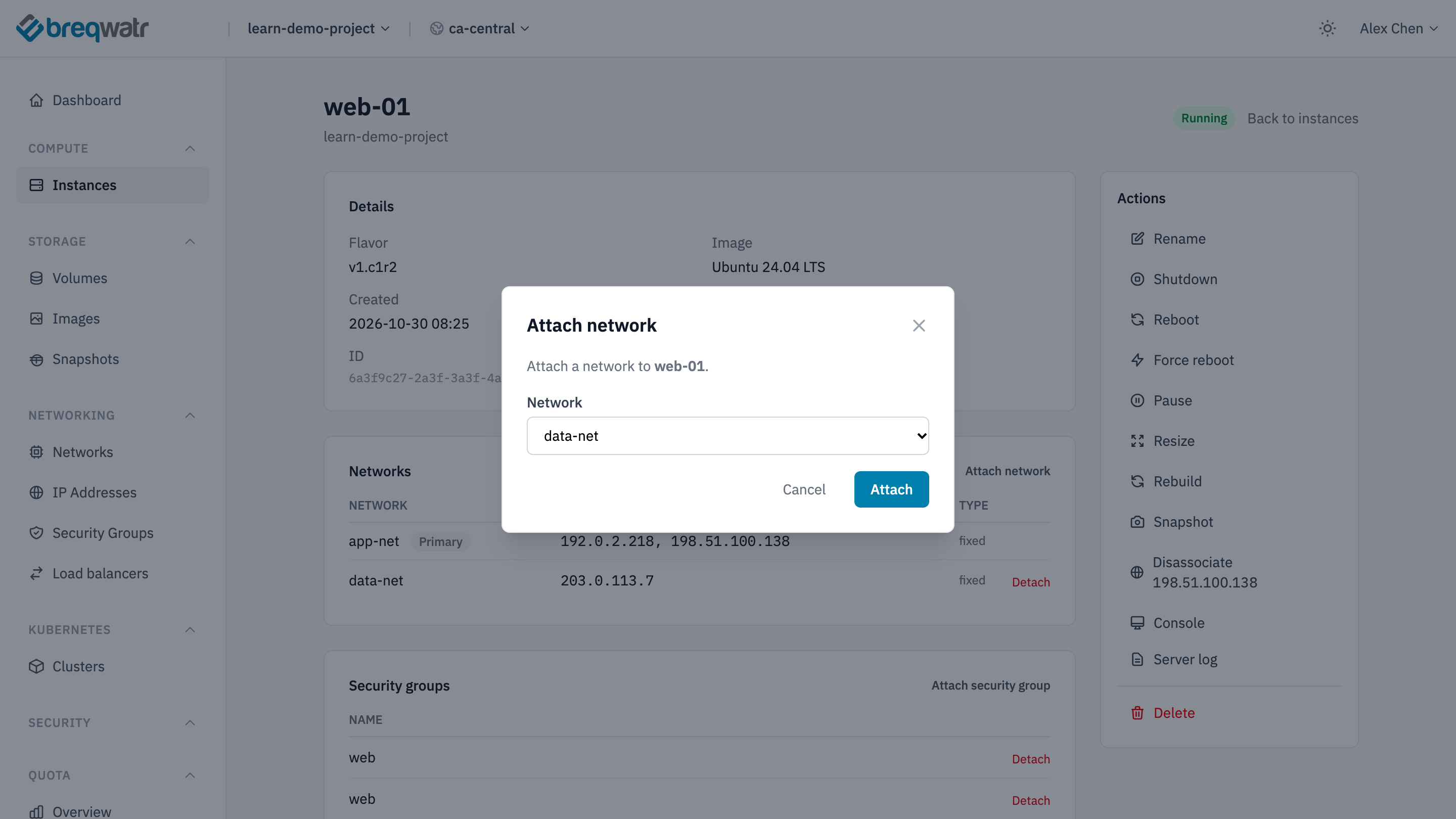 The Attach network dialog on web-01's page, with data-net chosen as the network and an Attach button