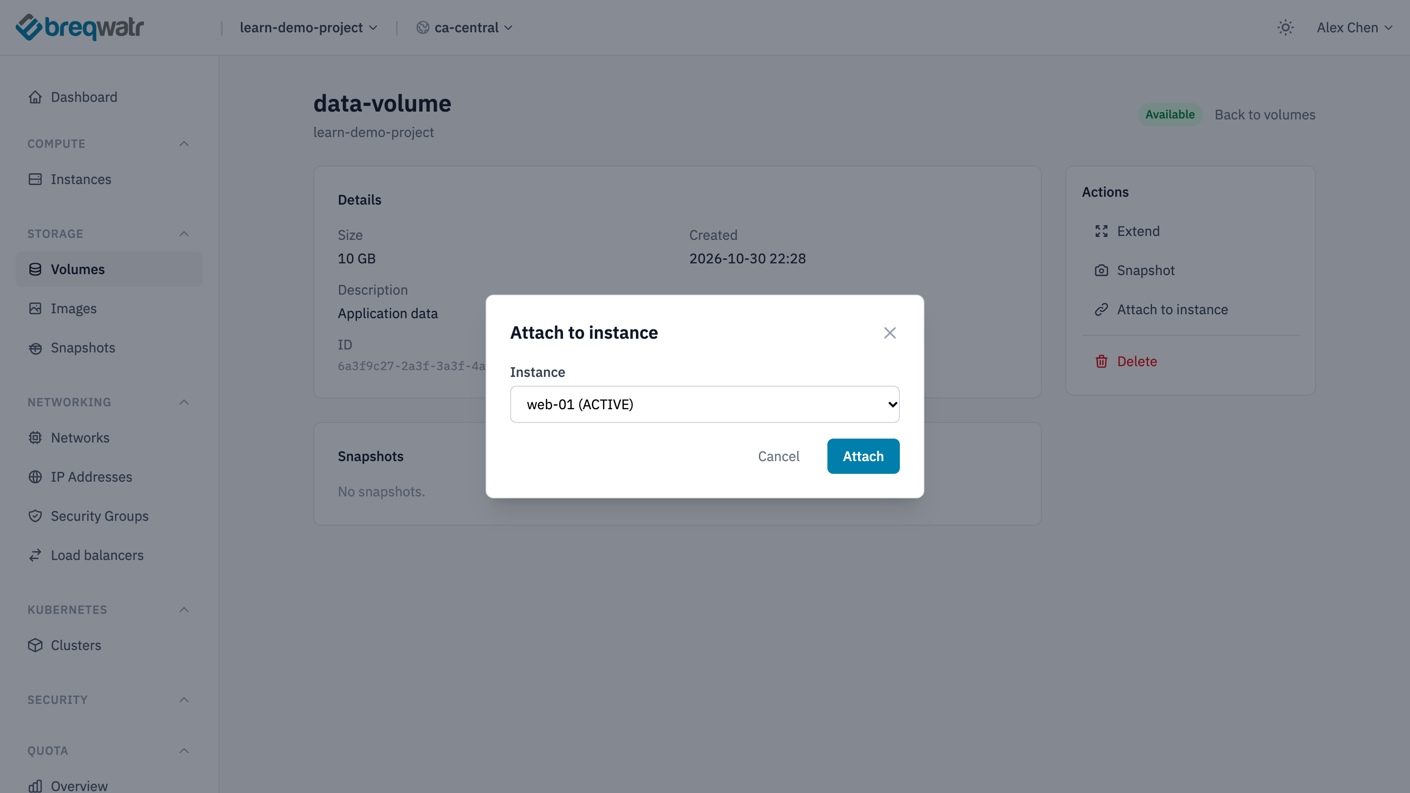 The Attach to instance dialog on data-volume's page, with web-01 chosen as the instance and an Attach button