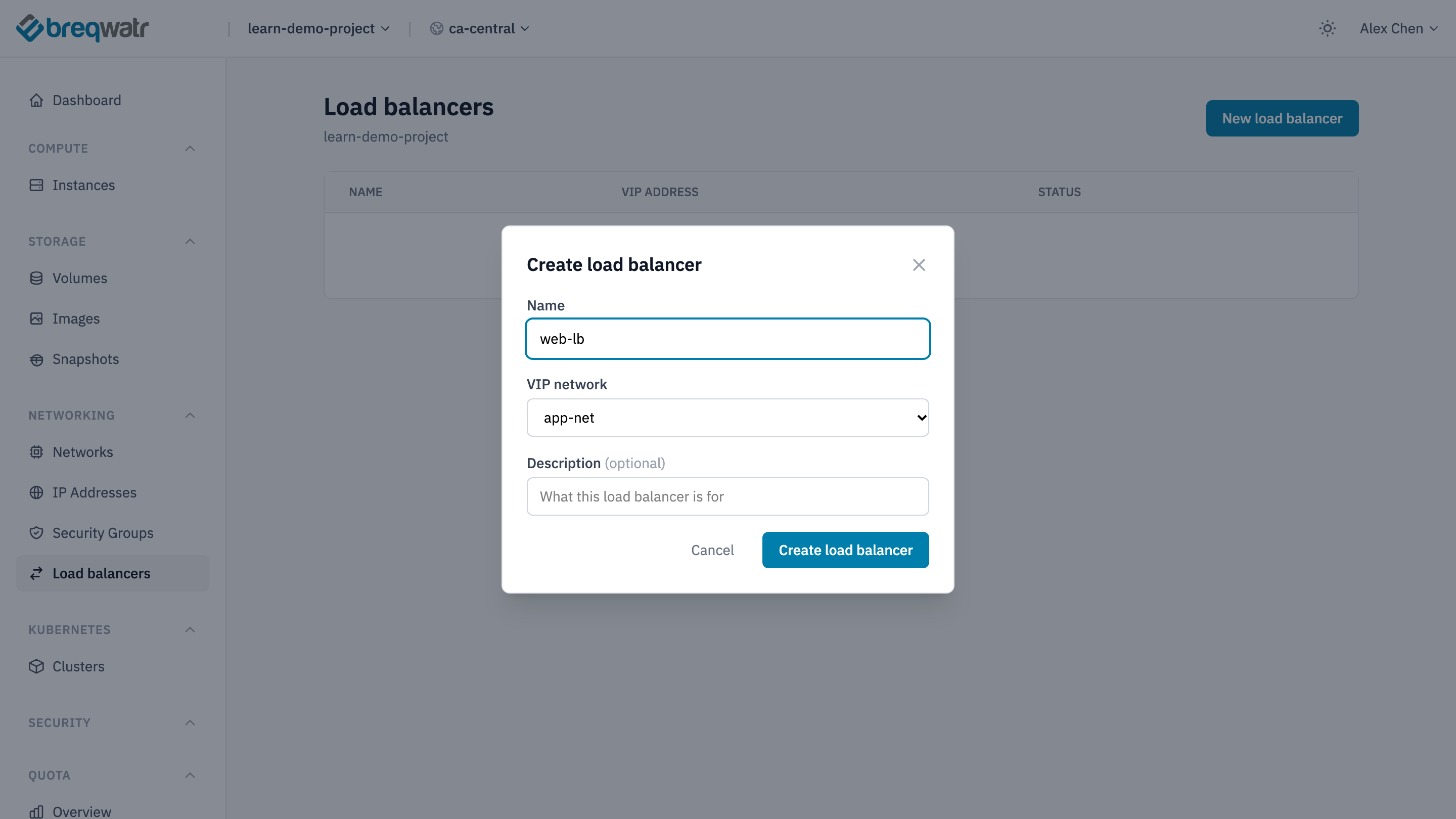 The Create load balancer dialog, with the name web-lb and app-net chosen as the VIP network