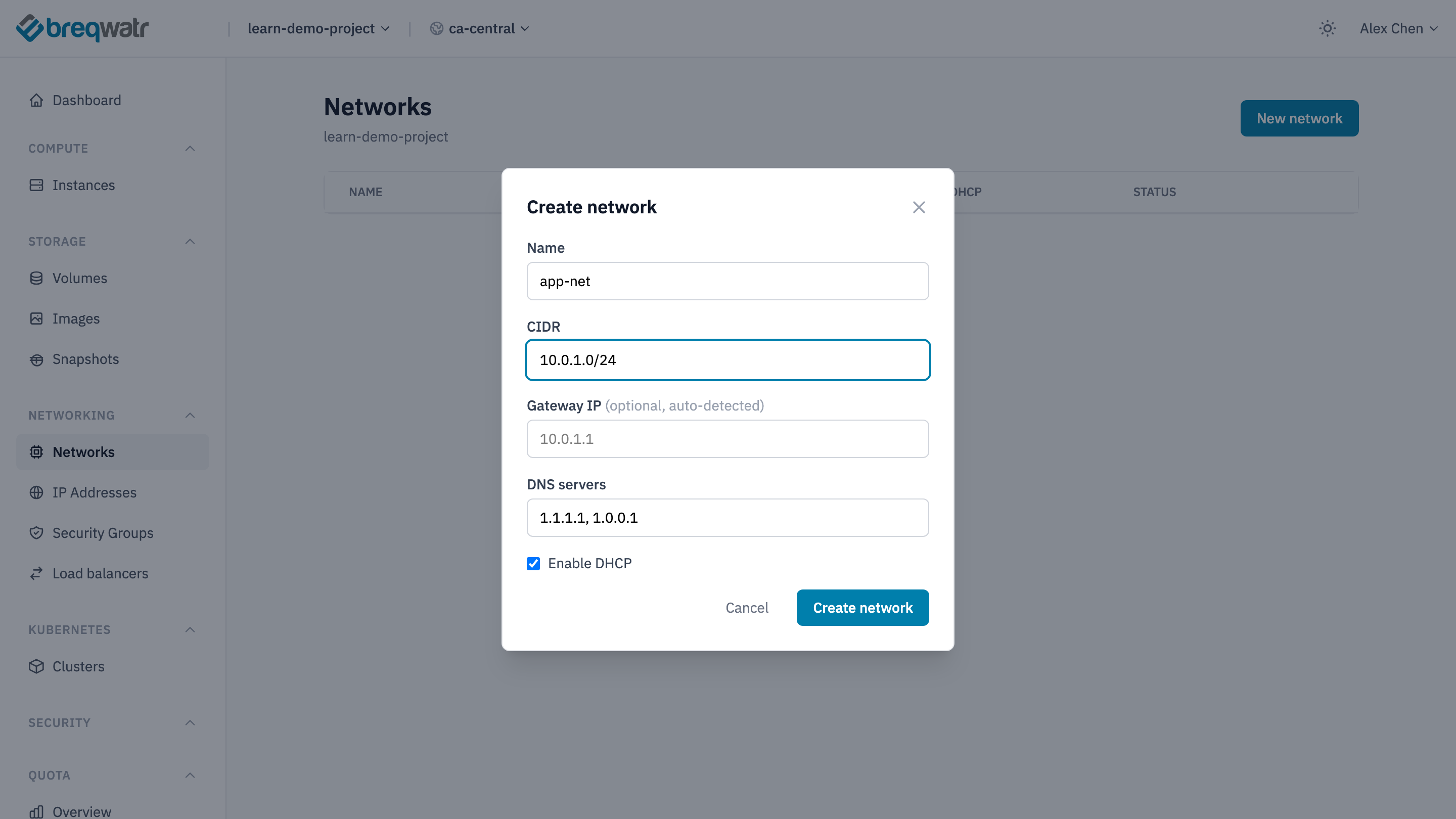 The Create network dialog, with app-net as the name, 10.0.1.0/24 as the CIDR, the gateway left blank with 10.0.1.1 as its hint, DNS servers 1.1.1.1, 1.0.0.1 and Enable DHCP ticked