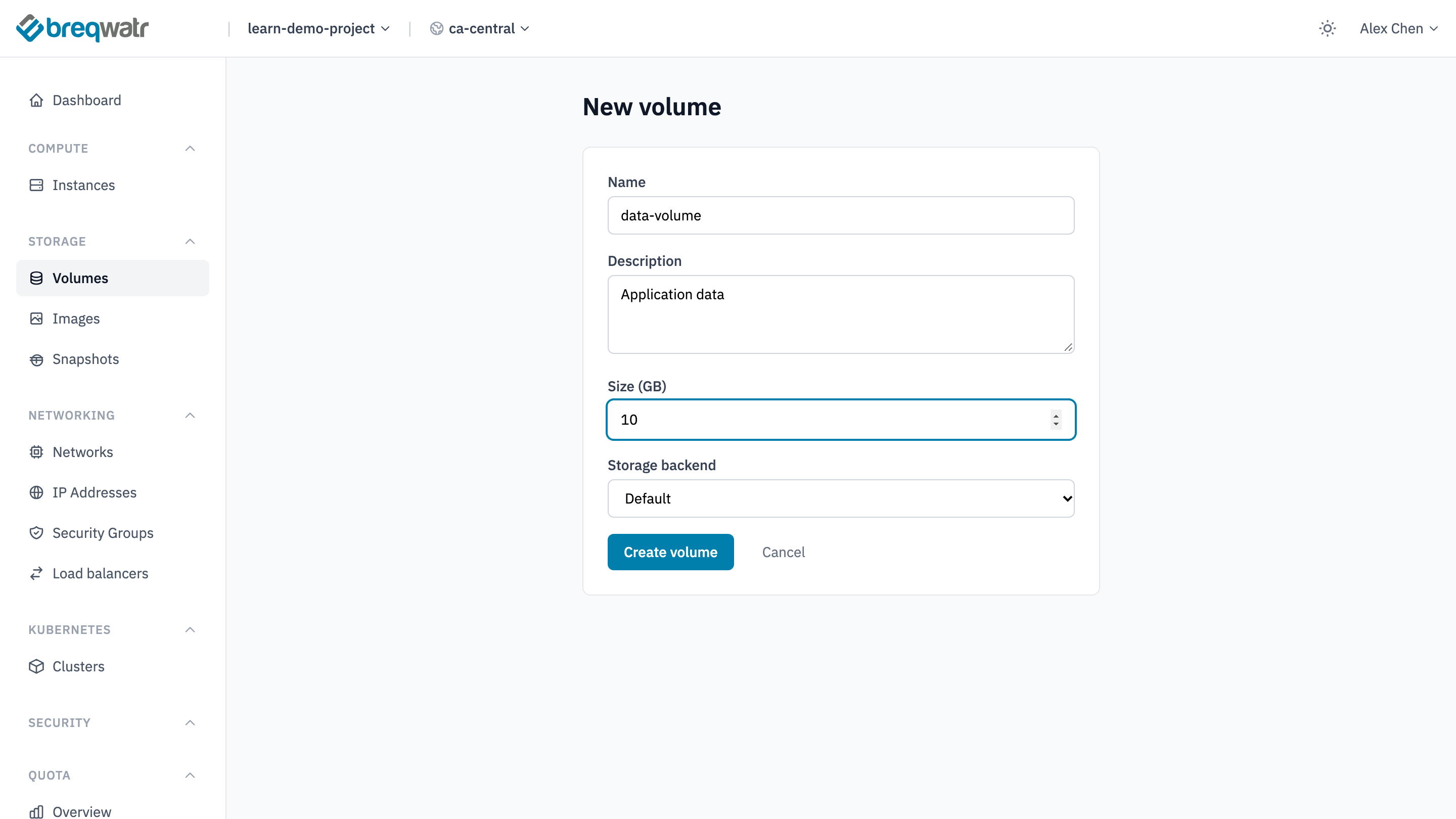 The New volume form with the name data-volume, the description Application data, a size of 10 GB and Storage backend left on Default