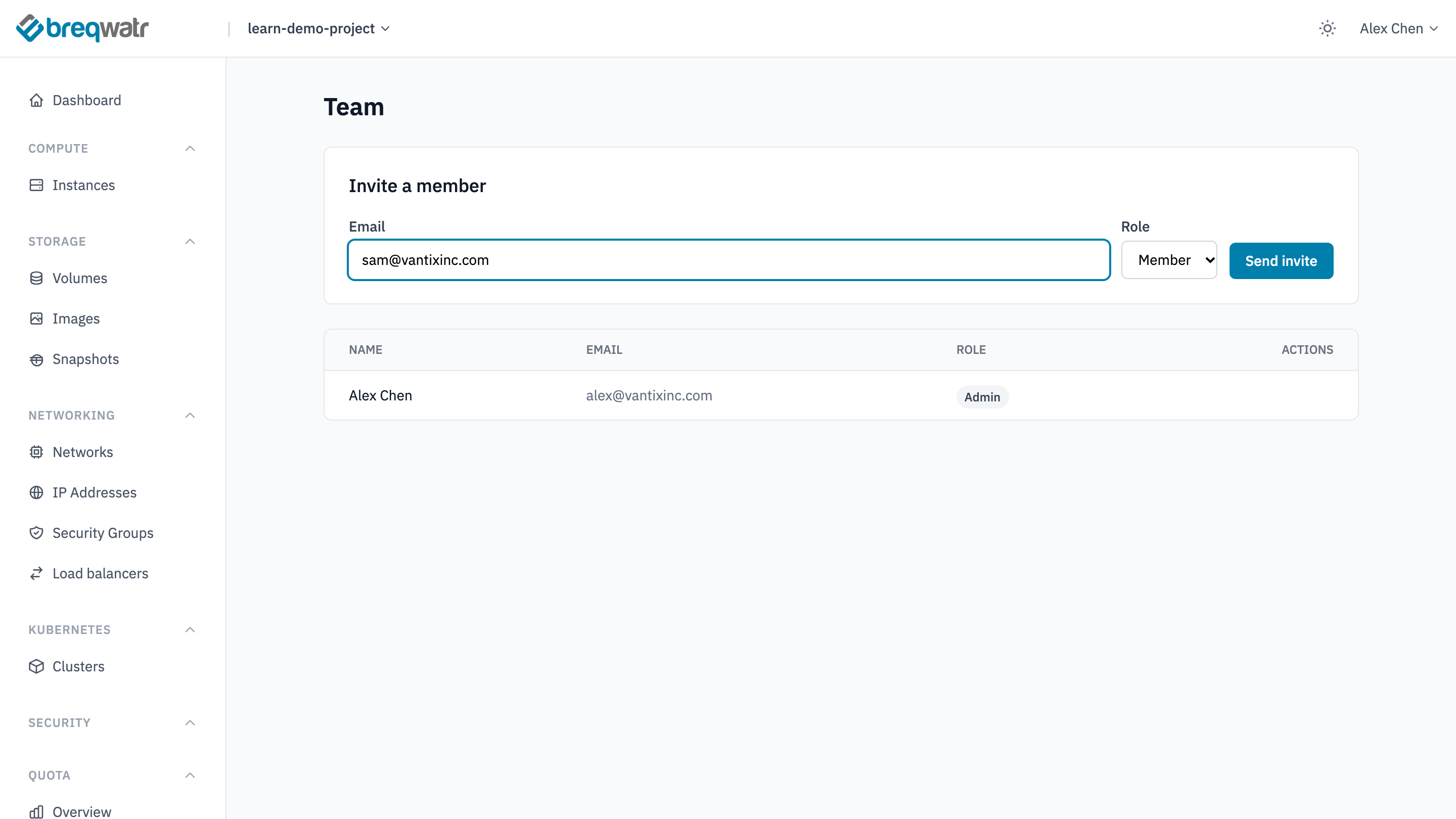 The Invite a member card on the Team page, with an email address entered, the role Member and a Send invite button