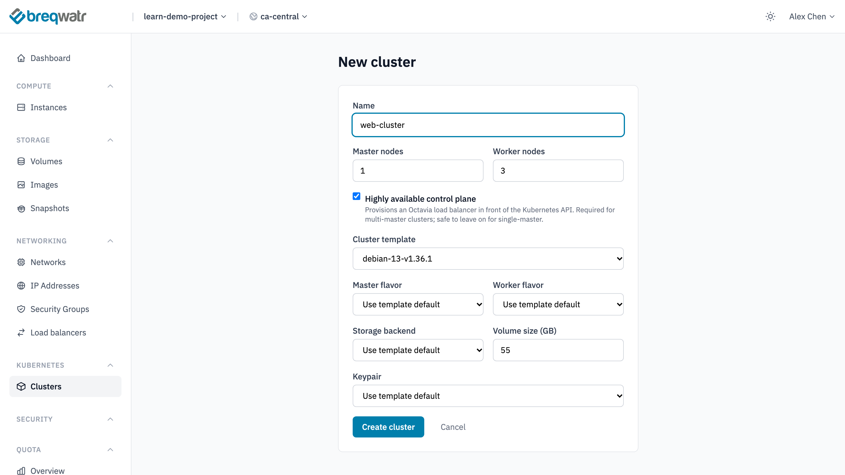 The New cluster form with the name web-cluster, 1 master node, 3 worker nodes, Highly available control plane ticked and the debian-13-v1.36.1 template chosen