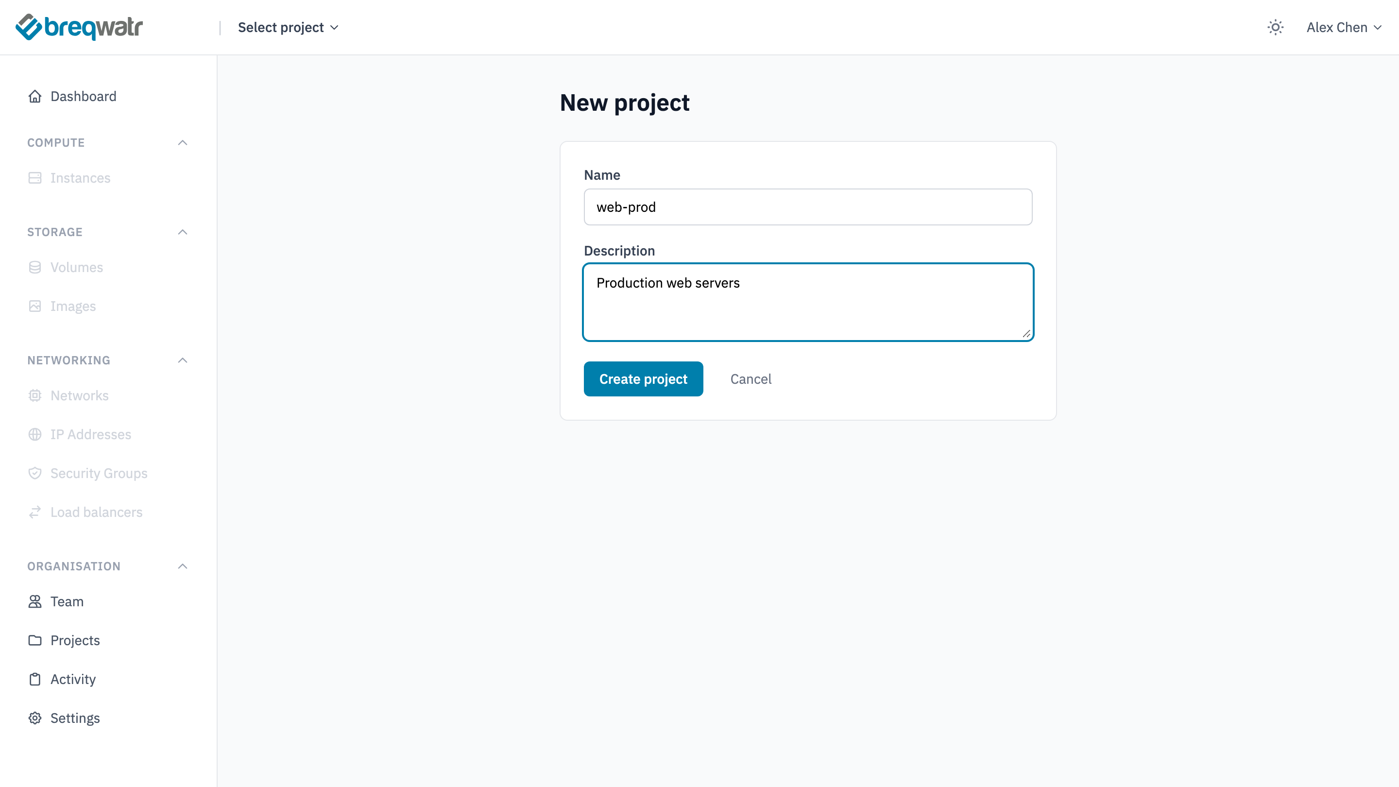 The New project form with the name web-prod and the description Production web servers, and a Create project button