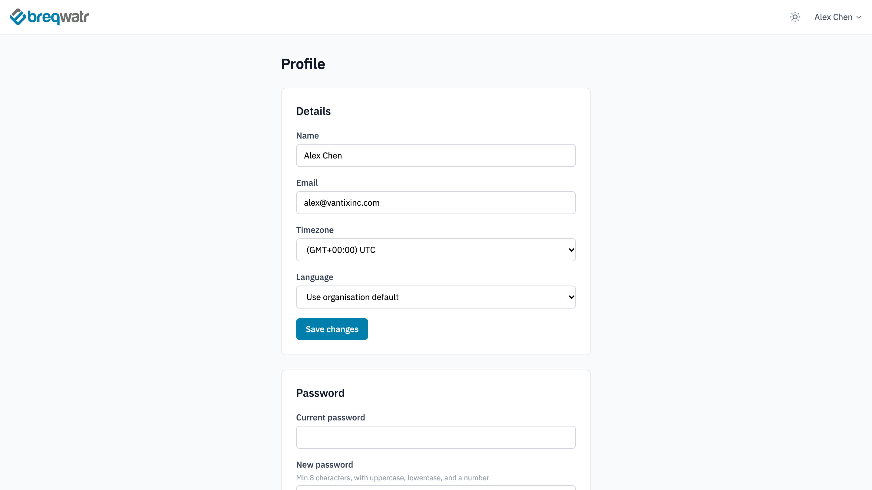 The Details card on the profile page, with Name, Email, Timezone and Language fields and a Save changes button