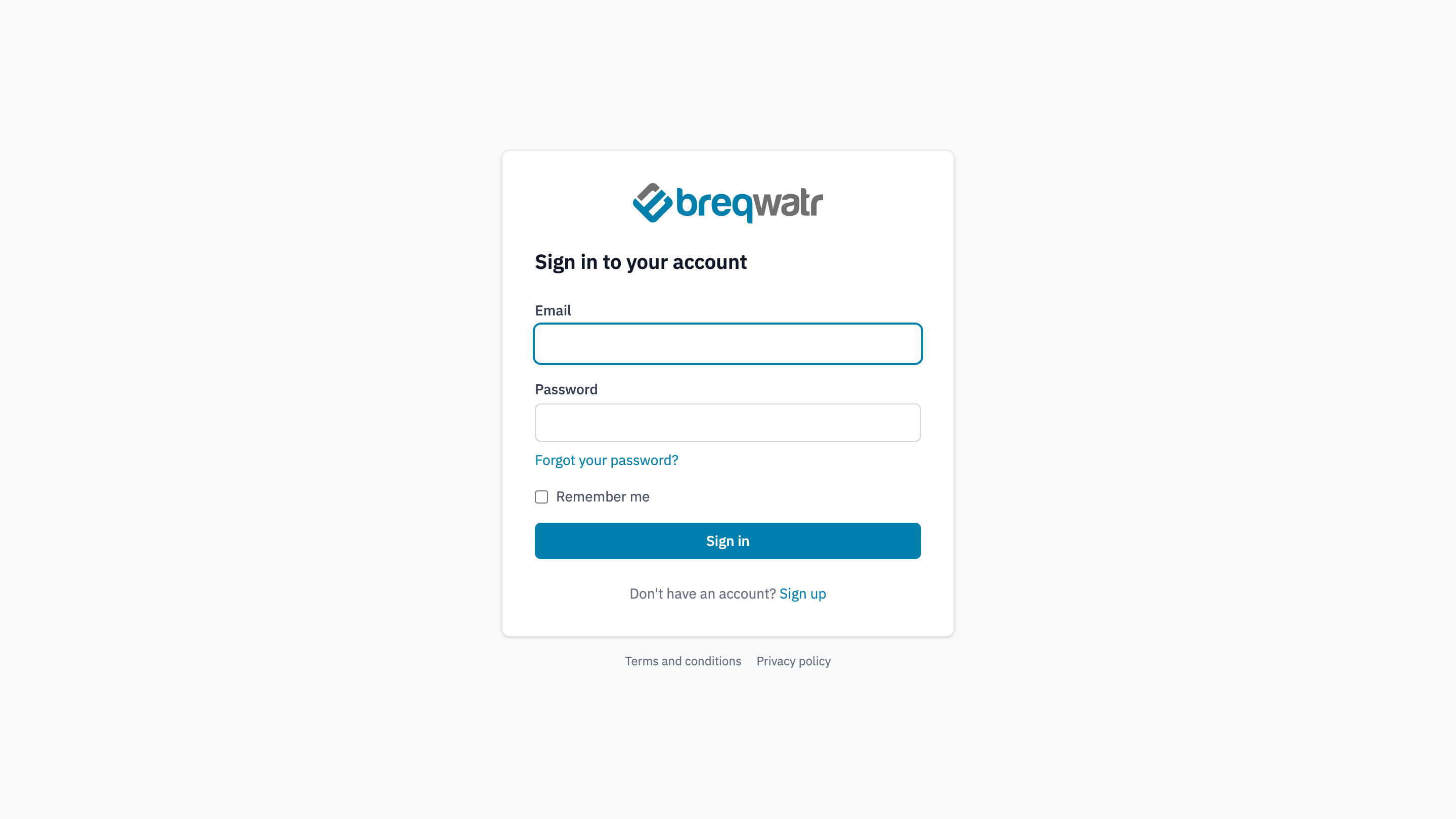 The sign-in form, titled Sign in to your account, with Email and Password, a Forgot your password? link, Remember me, a Sign in button and a Sign up link