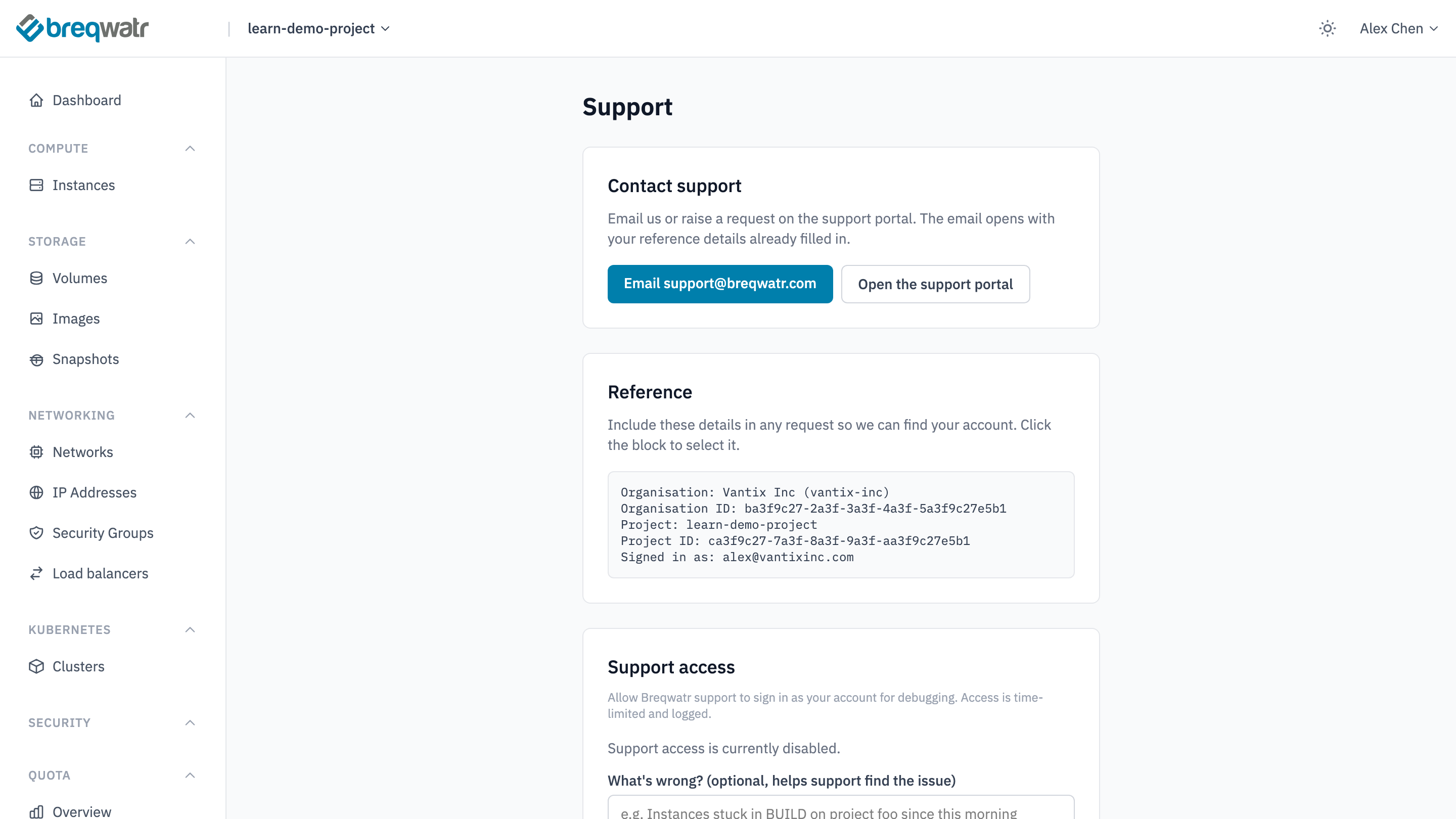 The Support page with the Contact support buttons, the Reference block and the Support access card
