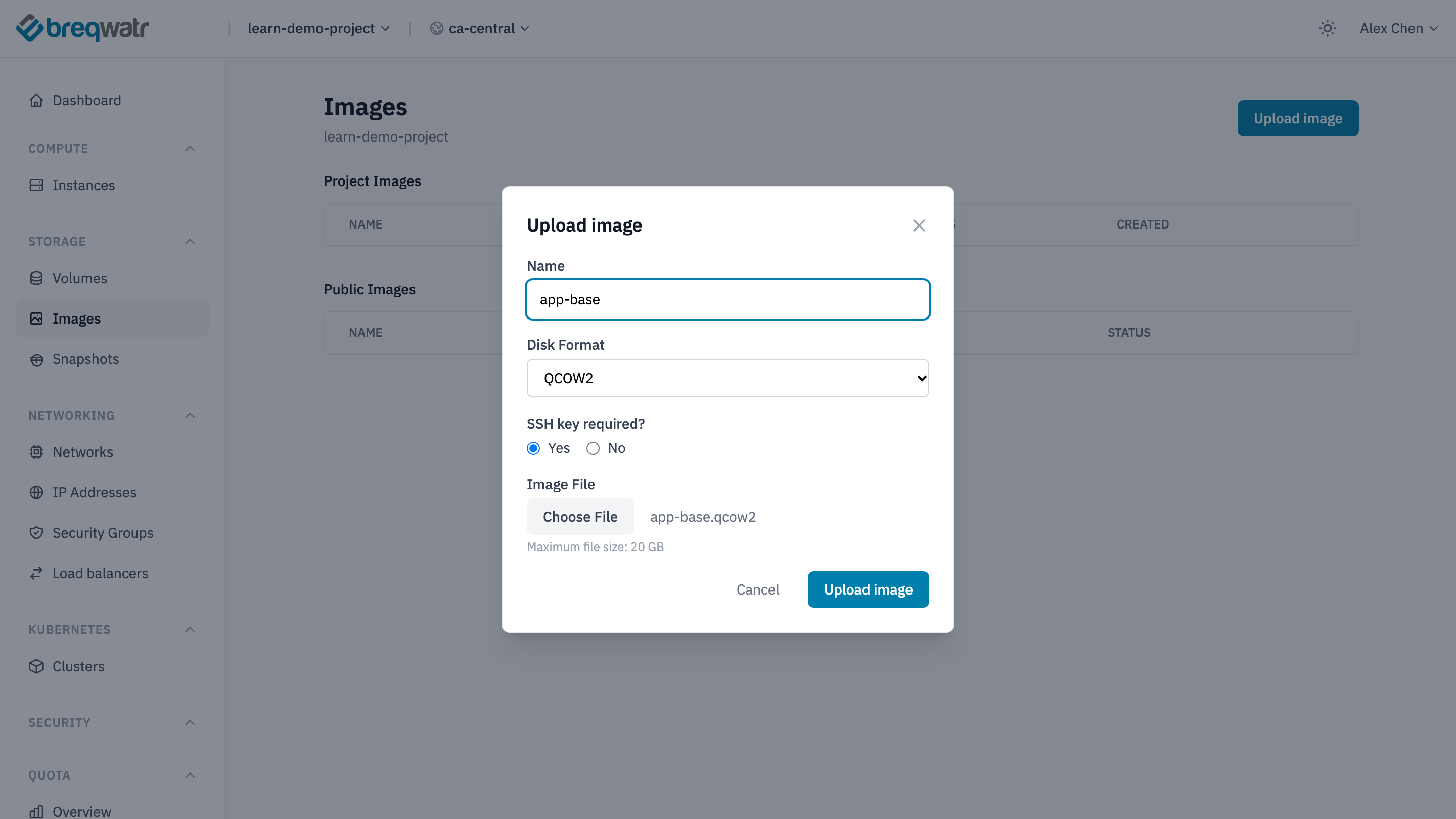 The Upload image dialog, with app-base as the name, QCOW2 as the disk format, SSH key required set to Yes and app-base.qcow2 chosen as the file