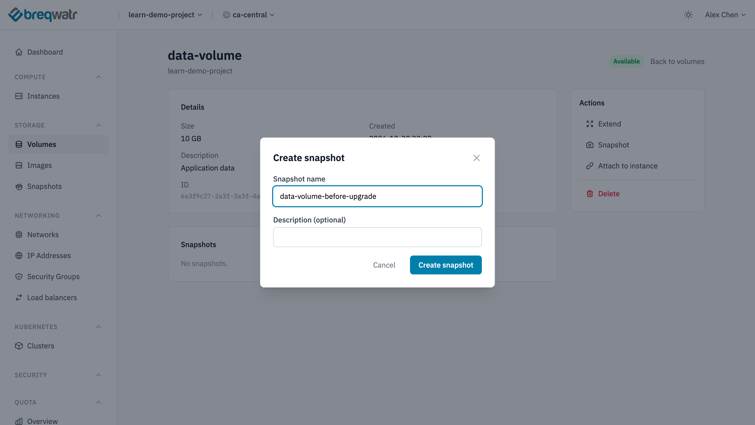 The Create snapshot dialog on data-volume's page, with data-volume-before-upgrade as the snapshot name