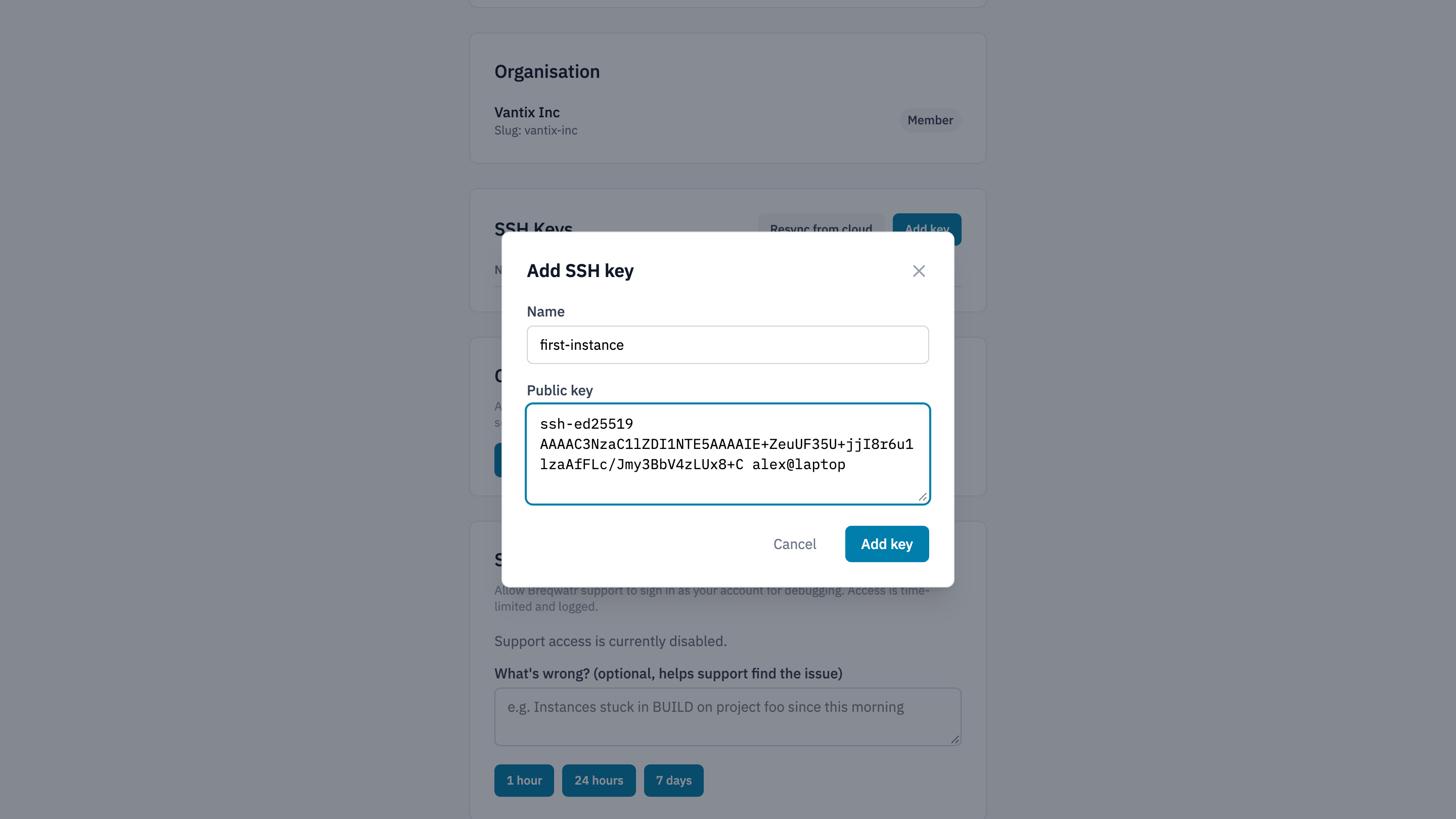 The Add SSH key dialog on the profile page, with first-instance as the name and an ssh-ed25519 public key pasted into Public key