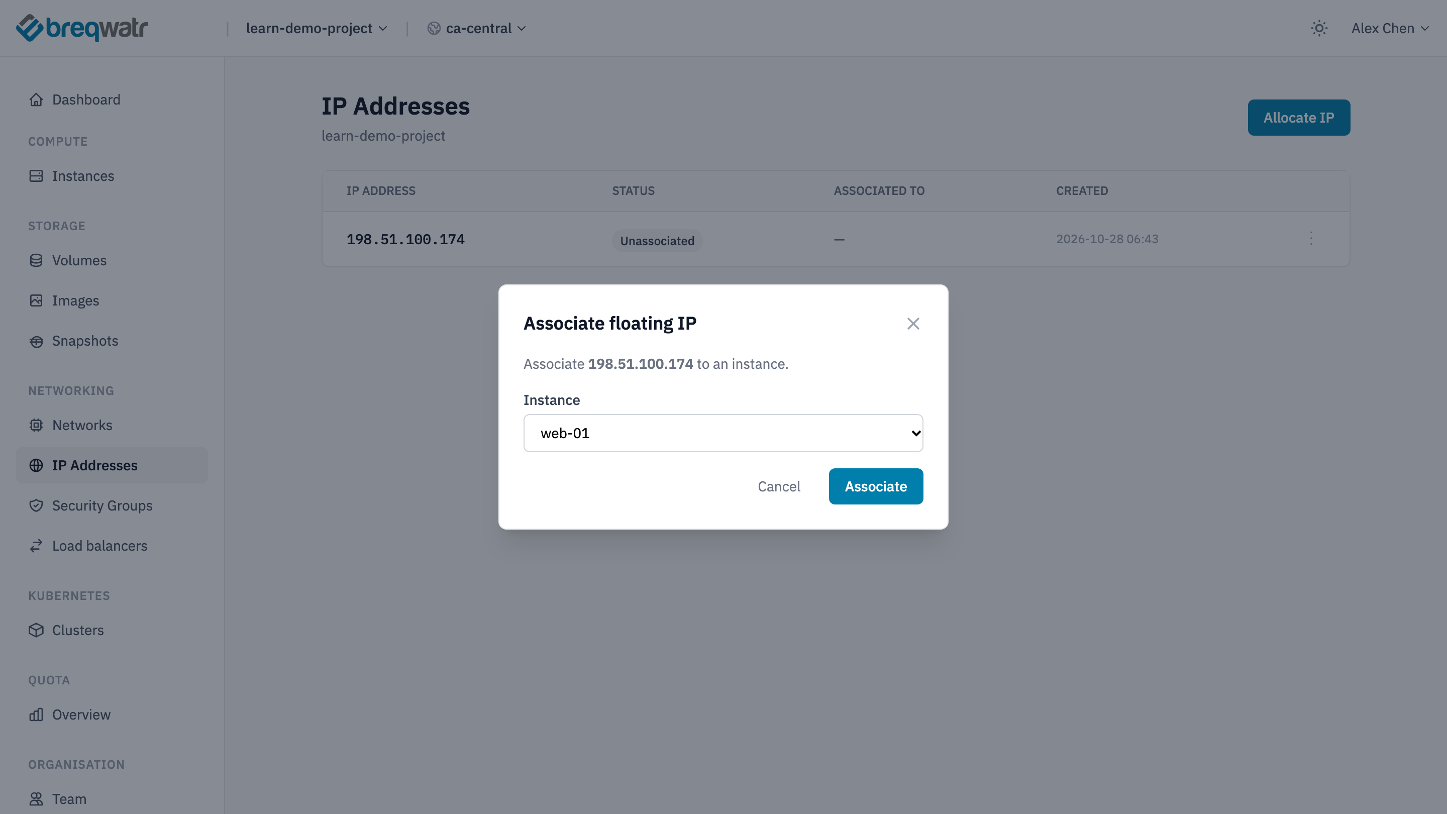 The Associate floating IP dialog on IP Addresses, for an unassociated address, with web-01 chosen as the instance and an Associate button