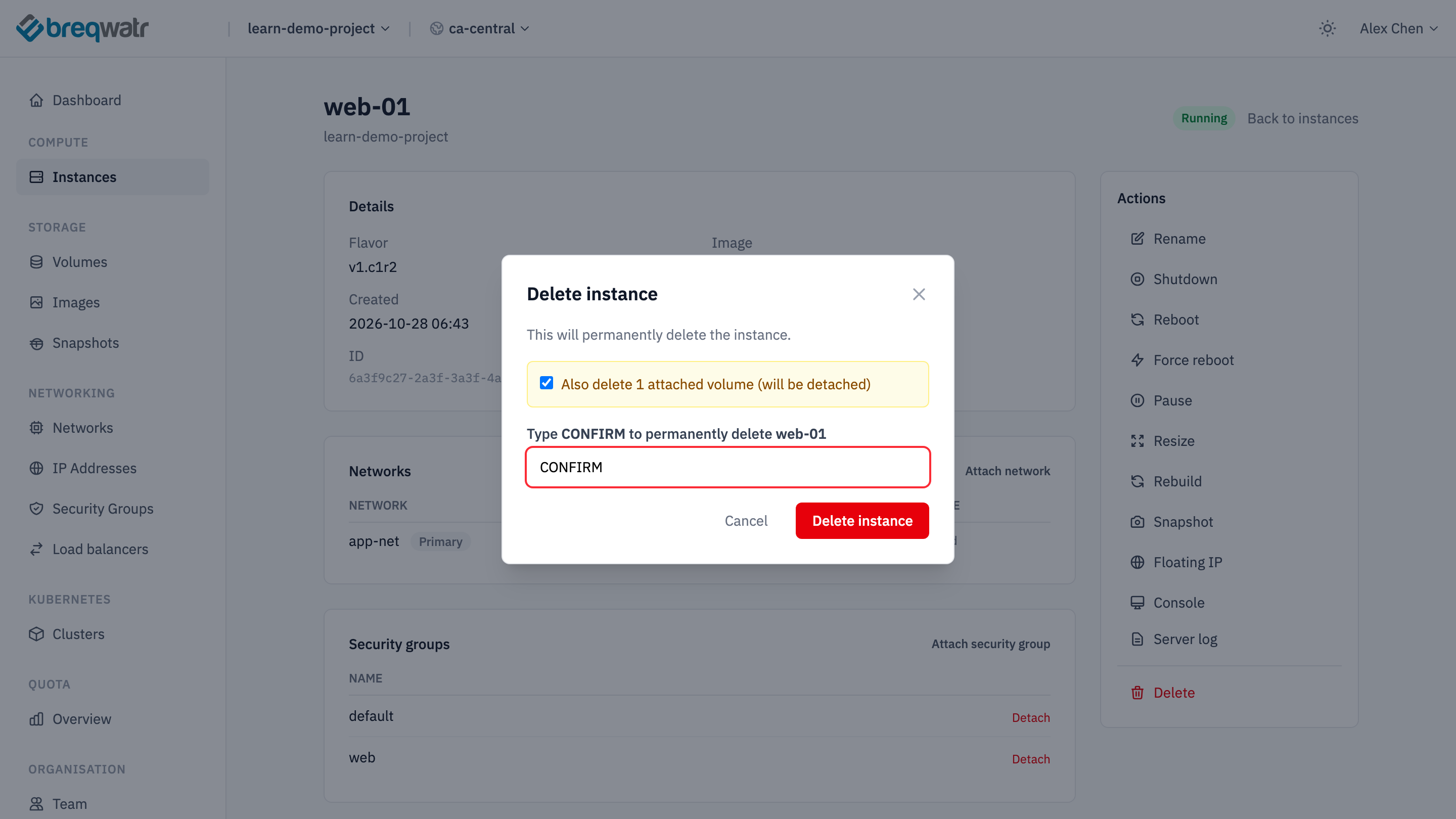 The Delete instance dialog for web-01, with Also delete 1 attached volume ticked, CONFIRM typed and the Delete instance button